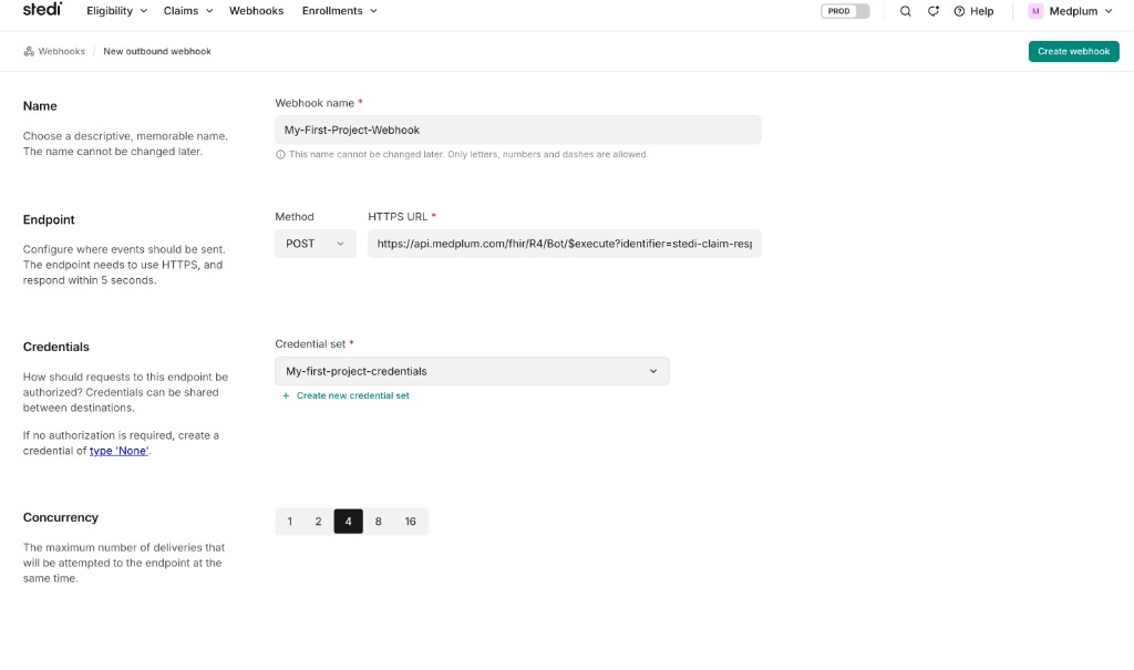 Creating the outbound webhook in Stedi: POST method, the Medplum Bot $execute URL, and a Basic Auth credential set