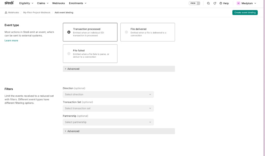 Adding a Transaction processed event binding in Stedi, with optional direction, transaction set, and partnership filters